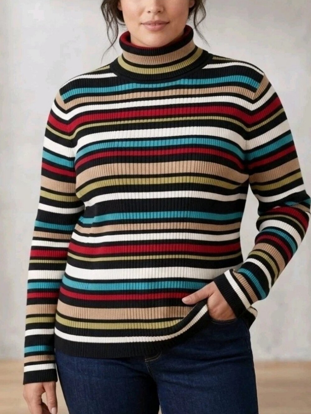 Vintage Y2k Jones New York Striped Ribbed Knit Turtleneck Sweater Colorblock XL